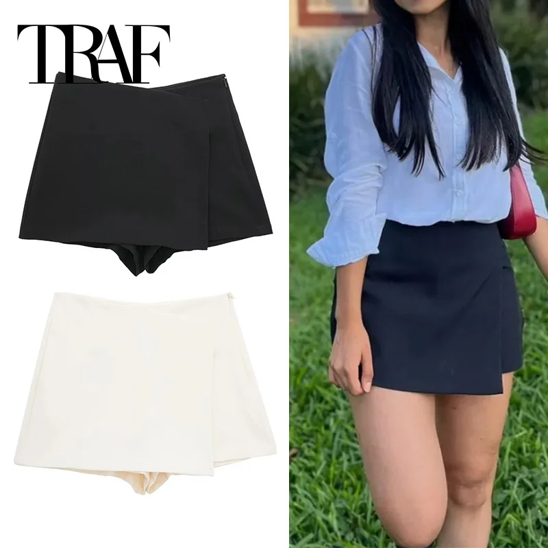 TRAF 2024 여성용 비대칭 Skort 블랙 하이 웨스트 미니 스커트 반바지 여성 캐주얼 버뮤다 반바지 여성 여름 스커트 반바지