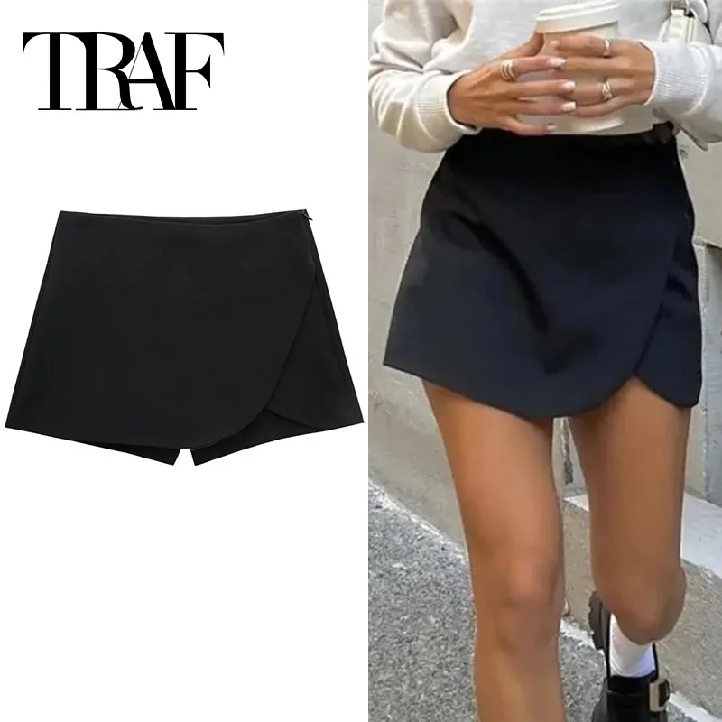 TRAF 2024 블랙 미니 스커트 반바지 여성 패션 비대칭 Skort 여성용 하이 웨스트 짧은 스커트 여성 여름 캐주얼 반바지