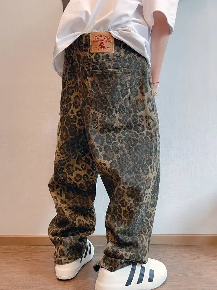 가을 탄 레오파드 청바지 남성 데님 바지 남성 특대 넓은 다리 바지 streetwear 힙합 빈티지 느슨한 캐주얼 동물 프린트