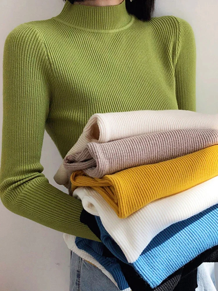 가을 겨울 모의 목 여성 스웨터 빈티지 기본 솔리드 니트 탑 캐주얼 슬림 풀오버 한국 스웨터 Simple Chic Jumpers