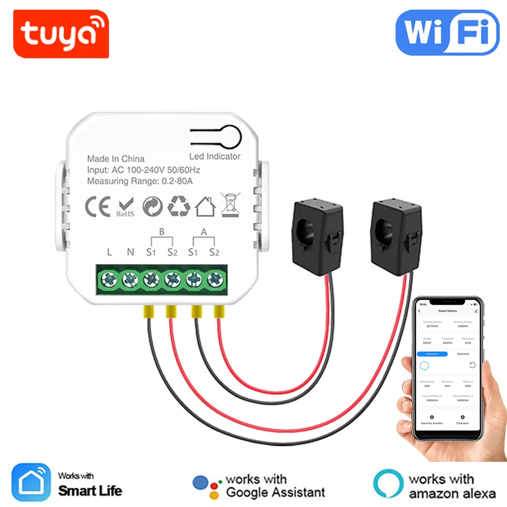 Tuya 스마트 라이프 WiFi 에너지 미터 80A 양방향 2 채널 클램프 App 모니터 태양열 수출 및 수입 전력 AC110V/240V