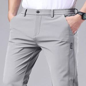 남성용 캐주얼 바지, 반 탄성 허리띠, 나일론 아이스 실크 탄성 스트레이트 튜브, 라이트 그레이, 비즈니스 신사, 여름 캐주얼
