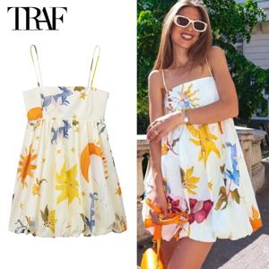 TRAF 프린트 슬립 미니 드레스 여성 민소매 여름 드레스 여성 2024 Ruched Sundress Vestidos Backless Short Dresses for Women