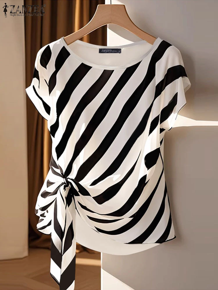ZANZEA 2025 한국어 스트라이프 프린트 탑 패션 반소매 블라우스 홀리데이 여름 HolidayLoose Belted Tunic 캐주얼 심플 탑