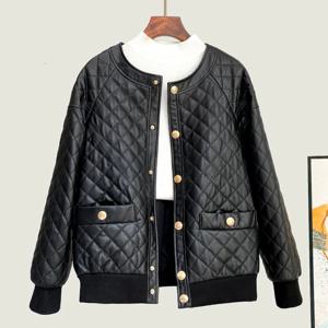 M-3XL 여성용 진짜 가죽 재킷, 그리드 패턴, 여성 코튼, 루즈 O-넥 양가죽 재킷 코트, 가을, 겨울, 2024 신상 패션