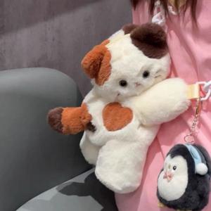 귀여운 봉제 고양이 크로스 바디 백, 부드러운 개 숄더백, 탈착식 스트랩 포함, 경량 자수 동물 가방, 여성 소녀 선물