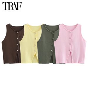 TRAF 핑크 니트 민소매 조끼 여성 자른 스웨터 조끼 탑 여성 여성용 노란색 버튼 조끼 streetwear 양복 조끼 니트웨어