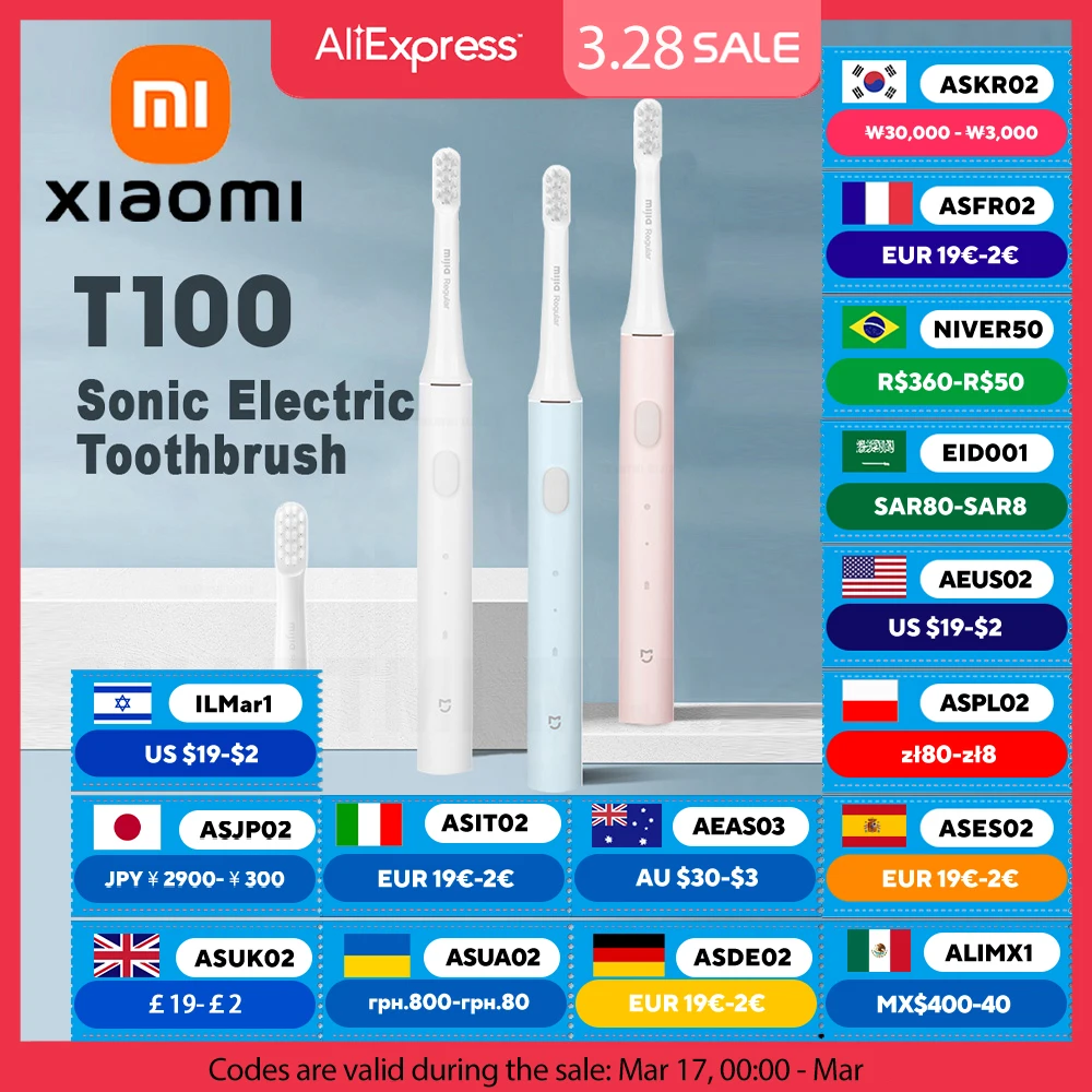 XIAOMI MIJIA 소닉 전동 칫솔 T100, 배터리 수명 30일, 16500RPM 진동, USB 충전식 IPX7 방수 칫솔