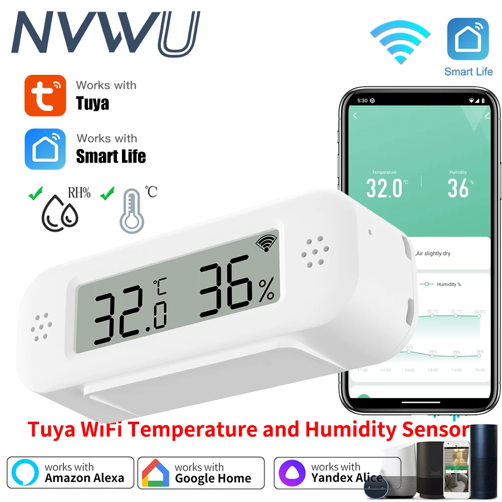스마트 홈 온도계 습도계 용 Tuya WiFi 미니 온도 습도 Google 홈 Yandex Alexa와 함께 원격 알람 작업