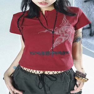 하라주쿠 크롭탑 일본 스타일 스타 패턴 라운드넥 반팔 티셔츠, 그래픽 티, y2k 여성 의류, 스트리트웨어