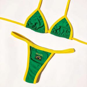 RUOTONSEPT 섹시한 자수 브라질 국기 대비 분할 비키니 세트 여성 수영복 패치 워크 수영복 Hottie Outfit SummerBeachwear