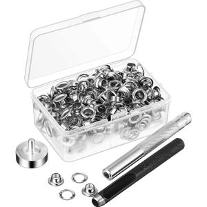 그로멧 도구 키트 100 세트, 그로밋 구멍 6mm 10mm 12mm 14mm 내경 실버 의류 신발 가방 가죽 공예 DIY