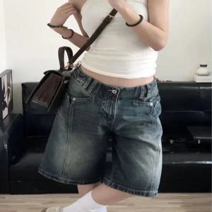 HOUZHOU Y2K 여성용 빈티지 데님 반바지, 헐렁한 하이 웨이스트, 한국 와이드 레그 조트, 캐주얼 오버사이즈 워싱 청바지, 스트리트웨어, 여름