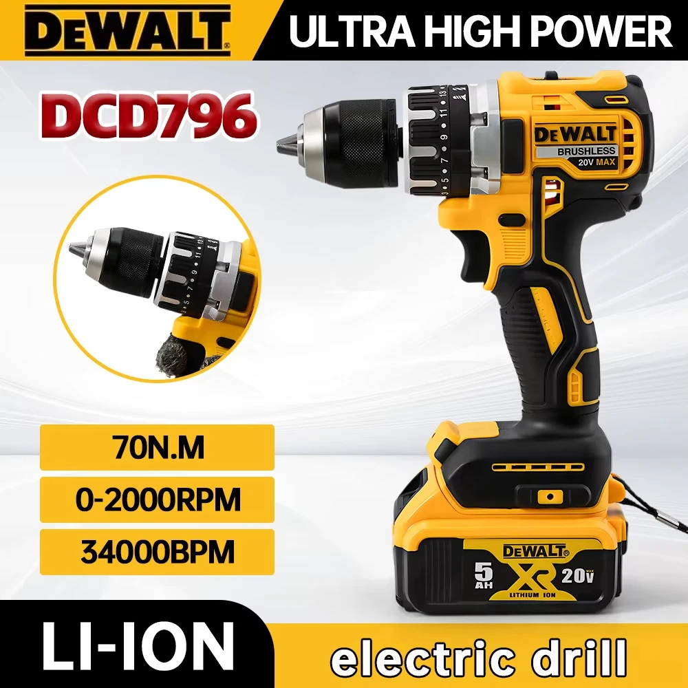 DEWALT DCD796 13mm 브러시리스 전기 드릴 휴대용 스크루 드라이버 임팩트 드릴 충전식 리튬 20V 배터리 전동 공구