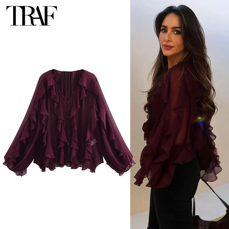 TRAF Ruffle Womens 블라우스 세미 쉬어 캐주얼 블라우스 여성 봄 요정 셔츠와 블라우스 레이디 긴 소매 탑 여성 2025