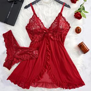 투명 레드 레이스 Nightdress를 통해 볼 여성의 섹시한 란제리 속옷 잠옷 팬티 Pijamas 세트 Nighty