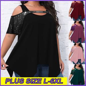 여성 여름 플러스 사이즈 티셔츠 패션 스팽글 티셔츠 L-6XL 라운드 넥 불규칙한 밑단 탑 숙녀 야외 루즈 캐주얼 의류