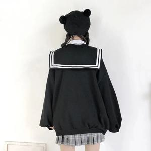 Deeptown Kawaii 지퍼 업 후드 블랙 일본 프레피 스타일 선원 칼라 스웨터 스위트 로리타 코트 루즈 귀여운 탑 소프트 소녀
