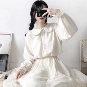 피터팬 칼라 스위트 셔츠 여성 로리타 일본 카와이 블라우스 퍼프 긴 소매 우아한 화이트 여성 탑 기본 학교 셔츠