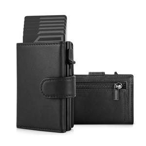 YATBEST 카드 홀더 지갑 슬림 미니멀리스트 팝업 가죽 남성용 지갑 RFID 차단 금속 은행 카드 케이스 (동전 주머니 포함)