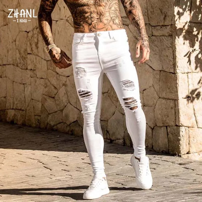 패션 흰색 탄성 스키니 바지 남자 찢어진 청바지 남성 streetwear 빈티지 워시 솔리드 데님 바지 남성 캐주얼 슬림 맞는 바지