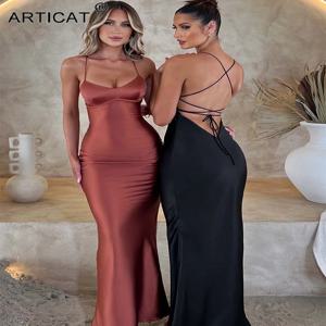 Articat 새틴 백리스 레이스 업 인어 슬립 드레스 여성 아가 목 섹시 슬림 Bodycon 드레스 우아한 실크 가운 Partywear