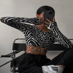 여성용 섹시한 백리스 레이스 업 풀오버 티, 블랙 O-넥 슬림 긴 소매 짧은 티셔츠, 가을