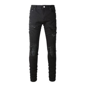 남성 가죽 패치 바이커 청바지 오토바이 streetwear 구멍 찢어진 패치 워크 스트레치 데님 바지 블랙 스키니 테이퍼 바지