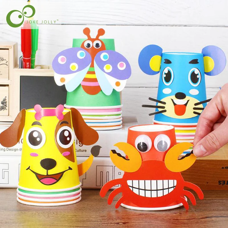 12pcs 어린이 3D DIY 수제 종이 컵 스티커 재료 키트 전체 세트 어린이 유치원 학교 미술 공예 교육 장난감 GYH