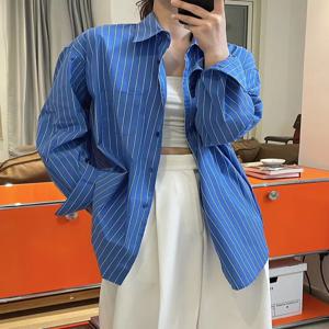 스트라이프 폴로 넥 여성 셔츠, 긴 소매 포켓 장식, 봄 여름