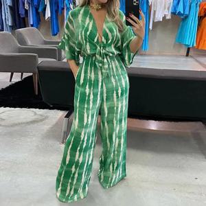 Wefads 여성 점프 슈트 Dolman Sleeves V 넥 레이스 업 Nipped 허리 프린트 루즈 와이드 레그 캐주얼 바지 Romper High Street