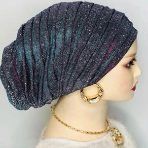 여성을위한 반짝이 전신 Pleated Turban 모자 2025 레이디 헤드 랩 이슬람 Headscarf 모자 Turbante Mujer African Headpiece
