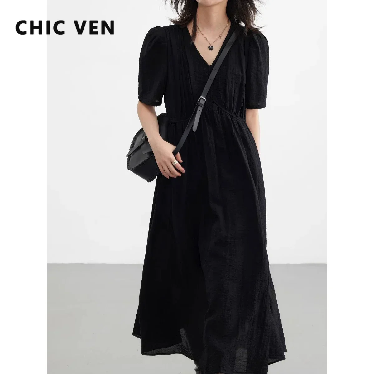 CHIC VEN 여성용 빈티지 V넥 퍼프 소매 긴 드레스, 프렌치 스타일, 솔리드 블랙, 루즈 여성 의류, 여름 신상 2023