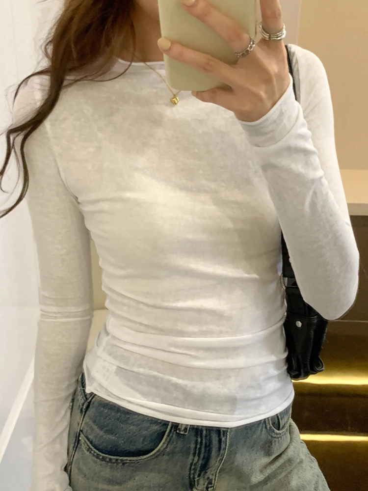 2024 봄 가을 T 셔츠 여성 탑 솔리드 슬림 피트 긴 소매 O 넥 Tshirts 여성 캐주얼 streetwear 고품질 기본 티셔츠