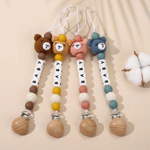 나무 더미 홀더 클립 사용자 정의 이름 아기 Teether 젖꼭지 체인 케어를위한 실리콘 젖꼭지 체인 어린이 생일 샤워 선물