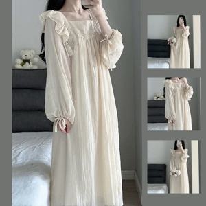 레이스 잠옷 잠옷 여성 한국어 프릴 나이트 드레스 봄 원피스 잠옷 긴 소매 스퀘어 칼라 홈웨어 2025 신규