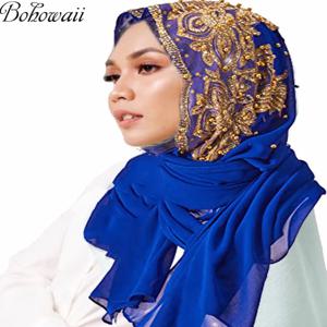 이슬람 쉬폰 Hijabs 스카프 Turban 골드 glitters 비즈 Hijab 여성용 라마단 Foulard Musulmane Pour Femme Long Headscarf