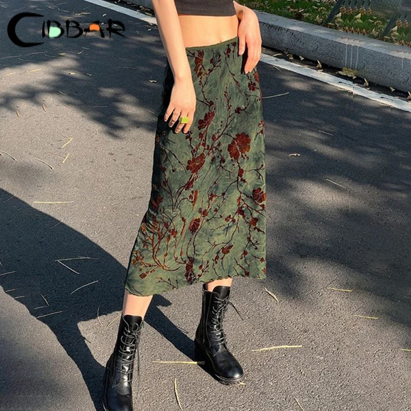 CIBBAR 하라주쿠 꽃 프린트 롱 스커트 빈티지 로우 라이즈 스트레이트 미디 스커트 여성용 봄 여름 올 매치 스커트 Ladies Y2k