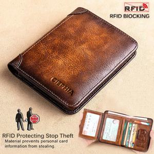 남성용 정품 가죽 Rfid 보호 지갑 빈티지 얇은 짧은 다기능 ID 신용 카드 소지자 돈 가방