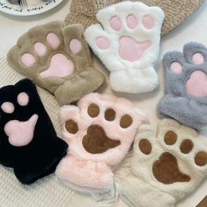 사랑스러운 플러시 고양이 발톱 발 장갑 플러시 장갑 따뜻한 부드러운 플러시 짧은 핑거리스 솜털 곰 장갑 의상 반 손가락 장갑