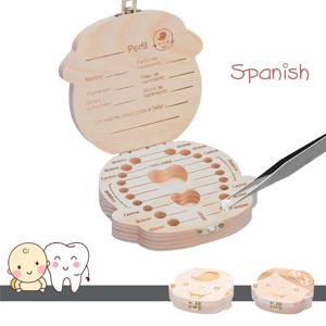 1pc-아기 치아 상자 스페인어 나무 어린이 우유 치아 주최자 보관 소년 소녀 아기 기념품 선물 기념품