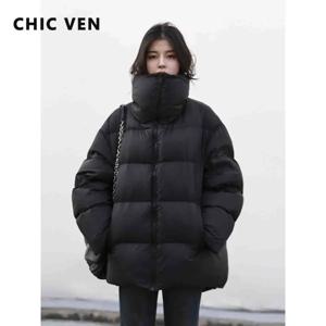 CHIC VEN 여성용 다운 코트 한국 스탠드 칼라 단순 솔리드 컬러 따뜻한 캐주얼 자켓 소프트 패션 여성 의류 겨울 2023