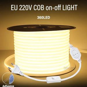 COB LED 네온 스트립 조명 220V 전원 EU 플러그 디밍 가능/스위치 RA90 360LED/m 높은 루멘 방수 주방 옷장 백라이트