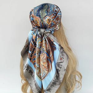 새로운 90*90cm 레트로 브랜드 여성 실크 스카프 Bandanna 패션 보헤미안 패턴 광장 Hijab 레이디 랩 머리띠 풀라 드 머플러
