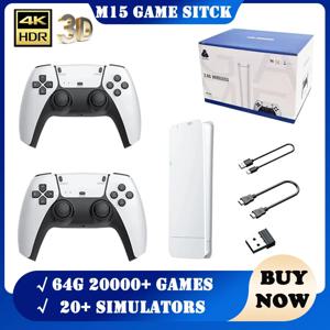 M15 게임 스틱 미니 TV 휴대용 게임 콘솔 무선 게임 패드 비디오 게임 64G 20000+ 레트로 게임 HD 출력 PS1 등을위한 2 인용