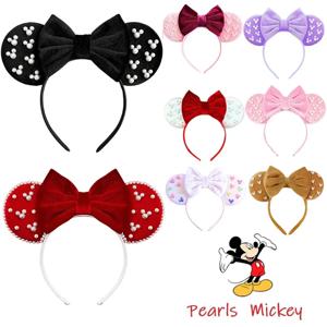 미키 마우스 머리띠 색상 부드러운 목화 활 Hairbands 소녀 디즈니 화이트 진주 어린이 미니 헤어 액세서리 여성 축제