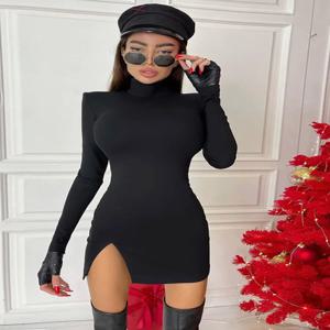 여성 봄 가을 긴 소매 Bodycon Soild 컬러 블랙 슬림 패키지 힙합 미니 드레스 여성 의류 streetwear