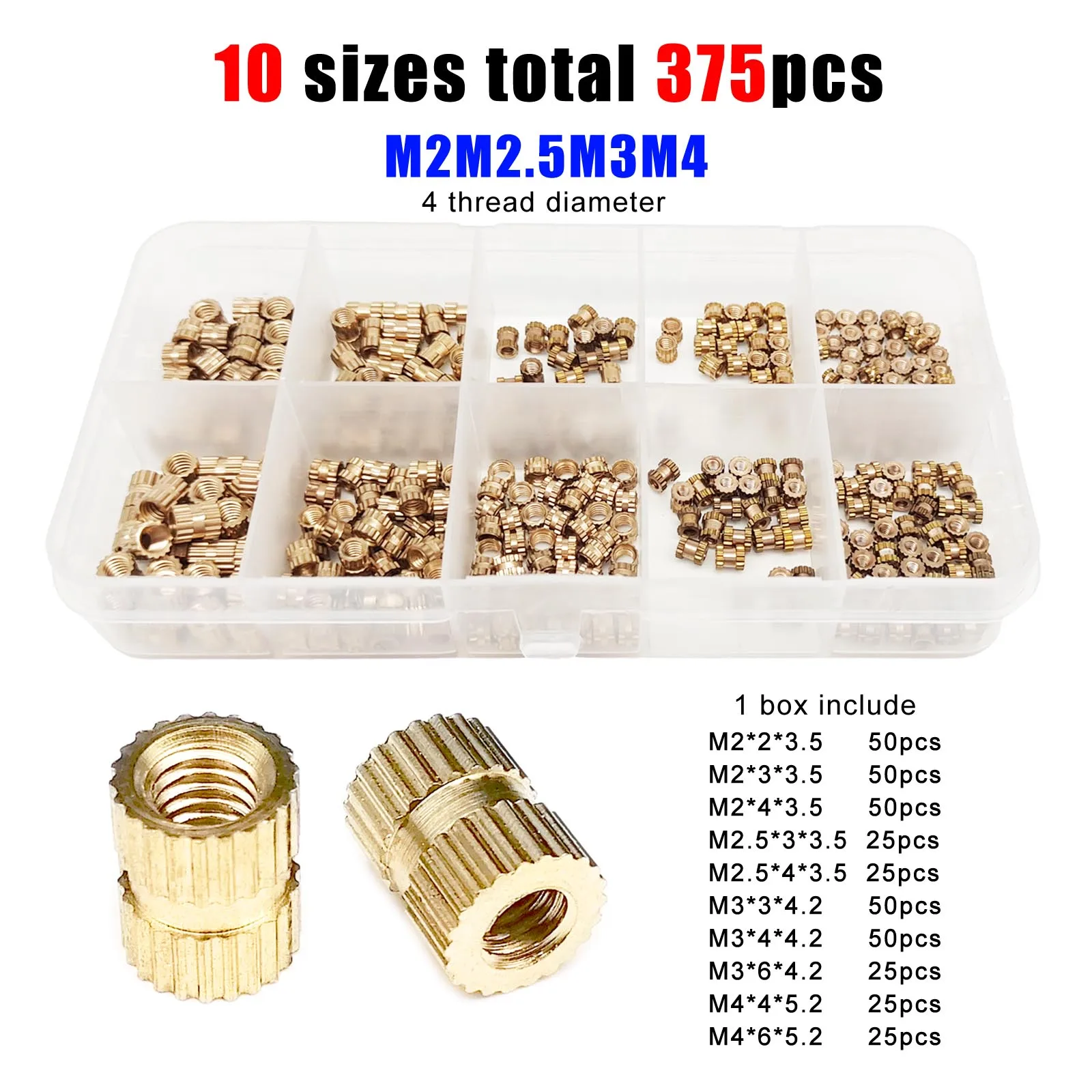 375/400pcs 사출 성형 널링 인서트 너트 내장 Nutsert 구색 키트 세트 10 믹스 크기 M2 M2.5 M3 M4 솔리드 브래스 구리