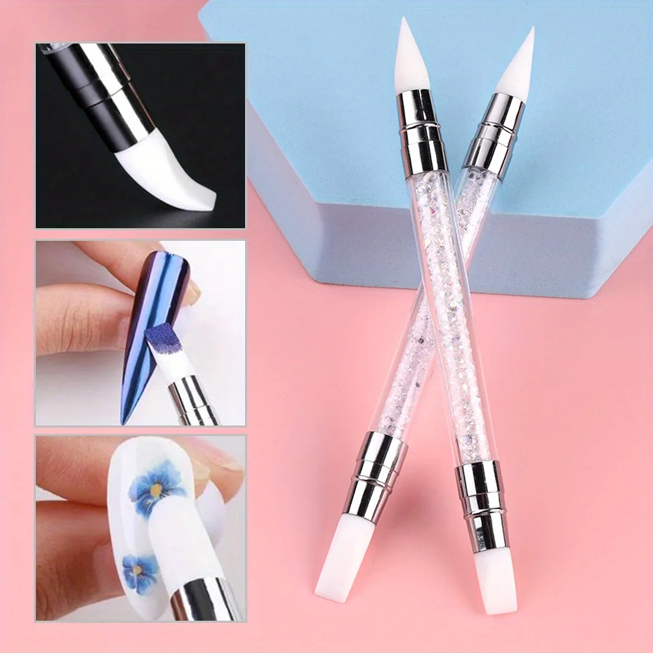2pcs 더블 헤드 실리콘 네일 아트 펜 조각 꽃 조각 펜 조정 가능한 접착제 스틱 엠보싱 브러시 전문 매니큐어