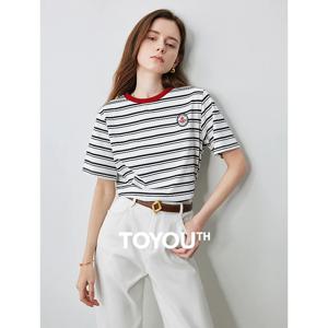 TOYOUTH 여성용 스트라이프 반팔 티셔츠, 2024 여름, 아카데미 스타일, 라운드넥 탑, 신상